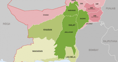 Khanate of Kalat (dark green) in Baluchistan Agency (1931). Credit: Wikipedia Commons