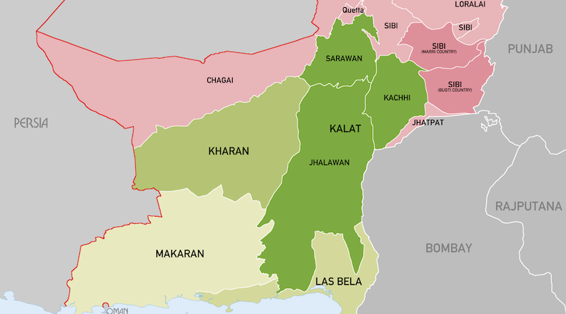 Khanate of Kalat (dark green) in Baluchistan Agency (1931). Credit: Wikipedia Commons