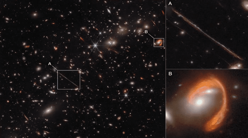 Two of the most prominent features in the image include the Thin One, highlighted in box A, and the Fishhook, a red swoosh highlighted in box B. Both are lensed background galaxies. The insets at right show zoomed-in views of both objects. CREDIT Image: NASA, ESA, CSA. Science: Jose Diego (Instituto de Física de Cantabria), Brenda Frye (University of Arizona), Patrick Kamieneski (Arizona State University), Tim Carleton (Arizona State University), and Rogier Windhorst (Arizona State University). Image processing: Alyssa Pagan (STScI), Jake Summers (Arizona State University), Jordan D’Silva (University of Western Australia), Anton Koekemoer (STScI), Aaron Robotham (University of Western Australia), and Rogier Windhorst (Arizona State University).