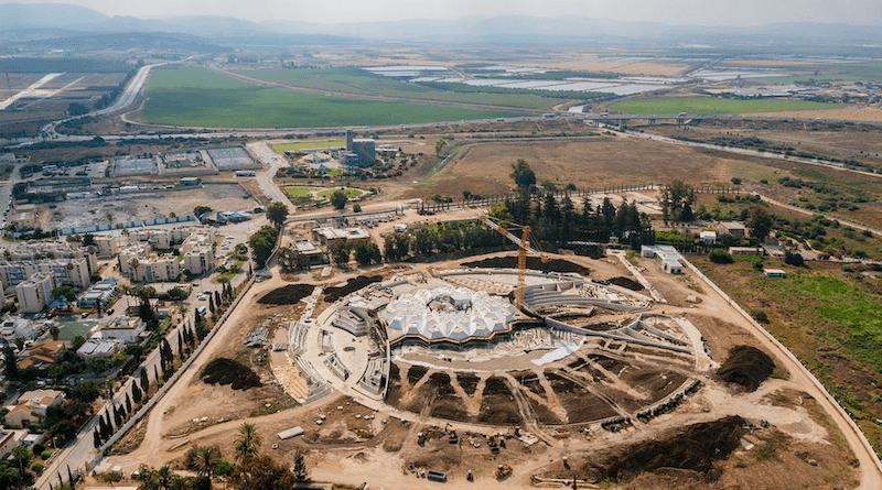 An aerial view of the latest developments on the work at the site of the Shrine of ‘Abdu’l-Bahá in Israel. Photo Credit: BWNS
