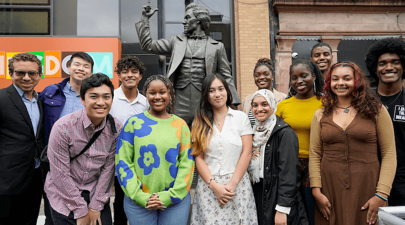 The 2023 CIEE Frederick Douglass Global Fellows at the unveiling of the Frederick Douglass statue in Belfast on July 31, 2023. Photo Credit: CIEE press release