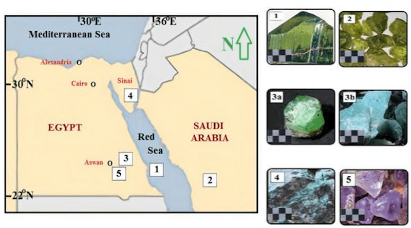 Locations of the investigated gem minerals from Egypt and Saudi Arabia. Scaled photos of colored gem minerals are given. For all, field of view (FOV) = 4 cm. (1) Peridot, Zabargad (St. John’s), off the Egyptian Red Sea coast. (2) Peridot from Harrat Kishb (volcanic field), Saudi Arabia. (3a) Emerald and (3b) Amazonite, Wadi Sikait, Wadi El-Gemal area, Eastern Desert, Egypt. (4) Low-grade emerald (beryl), Wadi Ghazala, Sinai Peninsula, Egypt. (5) Amethyst, Aswan area, Eastern Desert, Egypt. CREDIT: Khedr et al.
