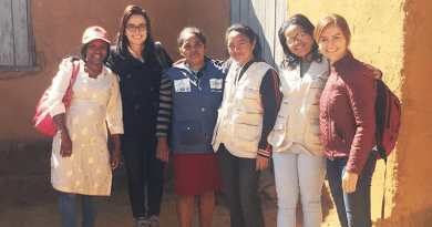 Maria Rosales-Rueda (second from left) and Catalina Herrera-Almanza (right) met with community health workers in rural Madagascar. CREDIT: College of ACES.