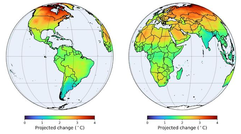 Projected mean air temperature changes in the 2040s with respect to the baseline period (1950-1979) when the Earth will likely reach 2°C of global warming compared to pre-industrial levels. CREDIT: Taejin Park