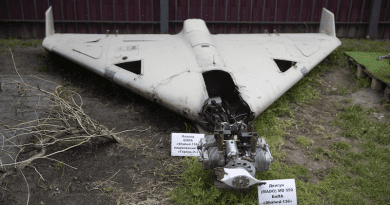 Remains of Shahed 136 drone and its engine in Kyiv, Ukraine. Photo Credit: Kyivcity.gov.ua, Wikipedia Commons