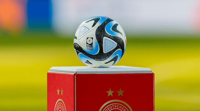 The Adidas Oceaunz ball used in the 2023 FIFA Women's World Cup. Photo Credit: Steffen Prößdorf, Wikipedia Commons