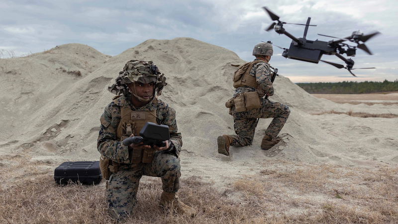 Marine Corps Lance Corporal Donte Mathews, rifleman with 1st Battalion, 8th Marine Regiment, 2nd Marine Division, flys unmanned aircraft system on Camp Lejeune, North Carolina, January 17, 2023 (U.S. Marine Corps/Michael Virtue)