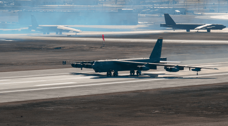 An. Air Force B-52H Stratofortress assigned to the 5th Bomb Wing begins to take off as two more B-52H Stratofortresses make their way to the runway during Global Thunder 23 at Minot Air Force Base, N.D., April 16, 2023. Photo Credit: Air Force Staff Sgt. Michael A. Richmond