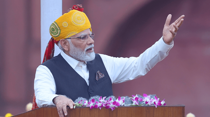 India's PM Narendra Modi addresses the nation on the occasion of the 77th Independence Day from the ramparts of the Red Fort, New Delhi. Photo Credit: India PM Office