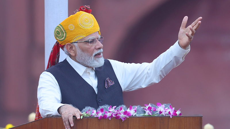 India's PM Narendra Modi addresses the nation on the occasion of the 77th Independence Day from the ramparts of the Red Fort, New Delhi. Photo Credit: India PM Office