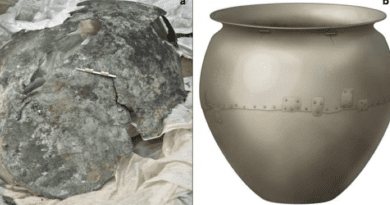 (a) Photograph of the cauldron and what is left today. (b) artistic reconstruction of the cauldron as it would have looked when in use. CREDIT: iScience/Wilkin et al.