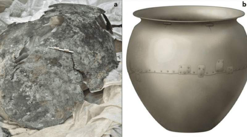 (a) Photograph of the cauldron and what is left today. (b) artistic reconstruction of the cauldron as it would have looked when in use. CREDIT: iScience/Wilkin et al.