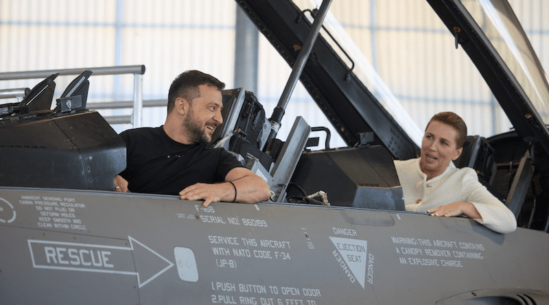 President of Ukraine Volodymyr Zelenskyy with Prime Minister of Denmark Mette Frederiksen at the Fighter Wing Skrydstrup air base of the Royal Danish Air Force. Photo Credit: Ukraine Presidential Press Service