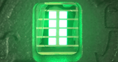 Eight green manganese-doped perovskite LEDs in Congreve’s lab glow as researchers run an electric current through them. CREDIT: Sebastian Fernández / Stanford University