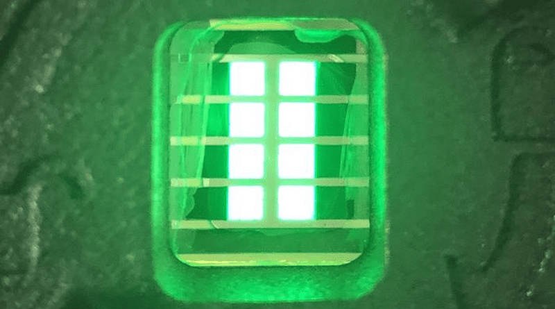 Eight green manganese-doped perovskite LEDs in Congreve’s lab glow as researchers run an electric current through them. CREDIT: Sebastian Fernández / Stanford University