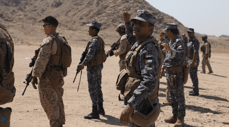 U.S. Marines assigned to Fleet Anti-Terrorism Security Team Central Command (FASTCENT) and members of the Jordanian Armed Forces conduct weapons training during exercise Infinite Defender 23 in Jordan, Aug. 19, 2023. Photo Credit: US Navy.