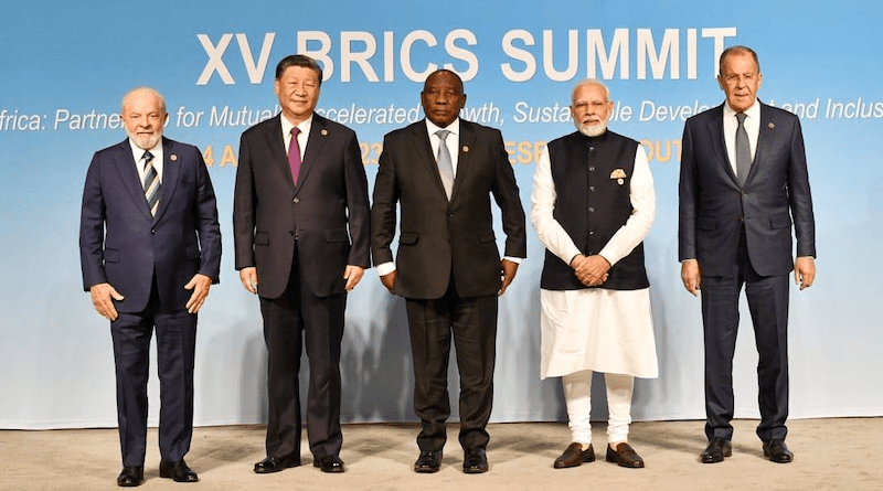Brazil's President Luiz Inacio Lula da Silva, China's President Xi Jinping, South African President Cyril Ramaphosa, Indian Prime Minister Narendra Modi and Russia's Foreign Minister Sergei Lavrov pose for a picture at the BRICS Summit in Johannesburg. Photo Credit: SA News