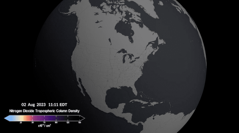 NASA's TEMPO instrument measured concentrations of nitrogen dioxide pollution over North America for the first time on August 2, 2023. The visualization shows six scans made hourly between 11:12 a.m. and 5:37 p.m., with closeups on the I-95 corridor in the US northeast, central and eastern Texas to New Orleans, and the southwest from Los Angeles to Las Vegas. Areas of missing data indicate cloud cover. Credits: Kel Elkins, Trent Schindler, and Cindy Starr/NASA's Scientific Visualization Studio