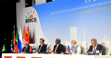 Brazil’s President Luiz Inacio Lula da Silva, China’s President Xi Jinping, South African President Cyril Ramaphosa, Indian Prime Minister Narendra Modi and Russia’s Foreign Minister Sergei Lavrov at the BRICS Summit in Johannesburg. Photo Credit: SA News