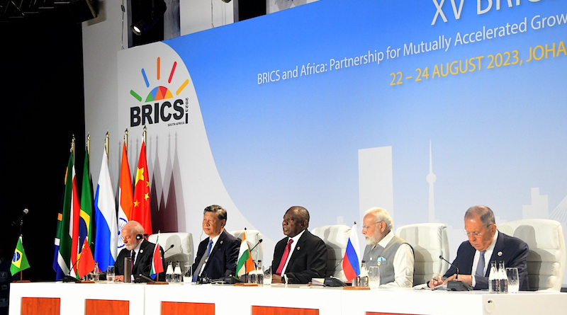 Brazil’s President Luiz Inacio Lula da Silva, China’s President Xi Jinping, South African President Cyril Ramaphosa, Indian Prime Minister Narendra Modi and Russia’s Foreign Minister Sergei Lavrov at the BRICS Summit in Johannesburg. Photo Credit: SA News