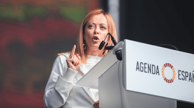 Italy's Prime Minister Giorgia Meloni speaking at a Vox rally in Malaga, Spain. Photo Credit: Vox Espana, Wikipedia Commons