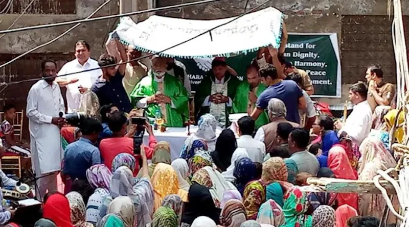 Just four days after a mob of Islamist extremists burned down a Christian community in the Pakistani city of Jaranwala, more than 700 Catholics gathered to celebrate Mass outside the decimated St. Paul Catholic Church on Aug. 20, 2023. | Credit: Aid to the Church in Need International