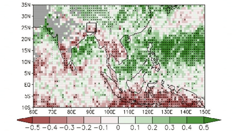 Colors show the change in the altitudes at which precipitation forms; red shows the top heights decreasing going from the pre-monsoon season to the monsoon season. CREDIT: Tokyo Metropolitan University