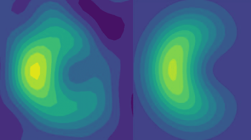 Experimental results from a quantum computer (left) that match well with theory (right) are the first quantum-based method to show a quantum effect in the way light absorbing molecules interact with incoming photons. CREDIT: Jacob Whitlow, Duke University