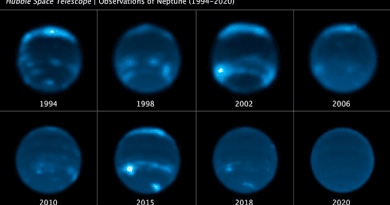 This sequence of Hubble Space Telescope images chronicles the waxing and waning of the amount of cloud cover on Neptune. This long set of observations shows that the number of clouds grows increasingly following a peak in the solar cycle – where the Sun's level of activity rhythmically rises and falls over an 11-year period. The chemical changes are caused by photochemistry, which happens high in Neptune's upper atmosphere and takes time to form clouds. In 1989, NASA's Voyager 2 spacecraft provided the first close-up images of linear, bright clouds, reminiscent of cirrus clouds on Earth, seen high in Neptune's atmosphere. They form above most of the methane in Neptune's atmosphere and reflect all colors of sunlight, which makes them white. Hubble picks up where the brief Voyager flyby left off by continually keeping an eye on the planet yearly. Credits: NASA, ESA, Erandi Chavez (UC Berkeley), Imke de Pater (UC Berkeley)