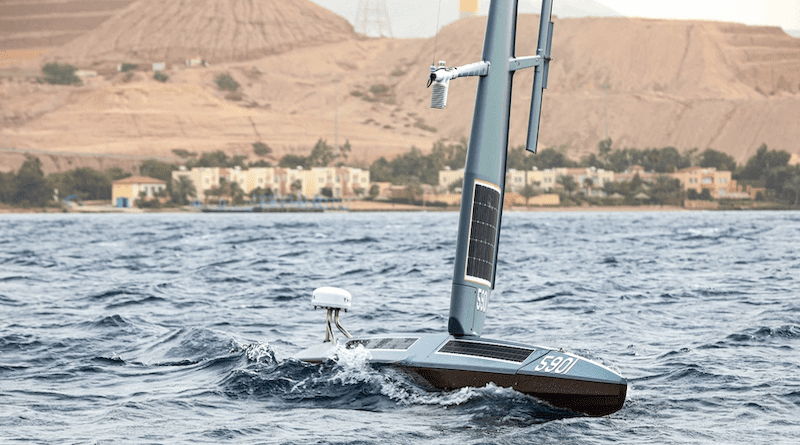 File photo of a US Navy Saildrone Explorer unmanned surface vessel (USV) sailing in the Gulf of Aqaba off of Jordan's coast. Photo Credit: U.S. Army photo by Cpl. Deandre Dawkins