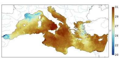 Map of the surface temperature of the Mediterranean Sea corresponding to July 24, 2023 from Copernicus / ICM-CSIC. CREDIT: Copernicus / ICM-CSIC