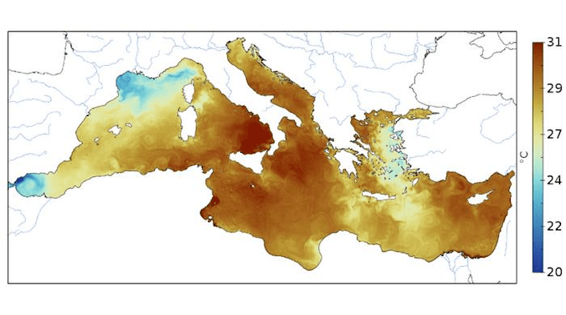 Map of the surface temperature of the Mediterranean Sea corresponding to July 24, 2023 from Copernicus / ICM-CSIC. CREDIT: Copernicus / ICM-CSIC