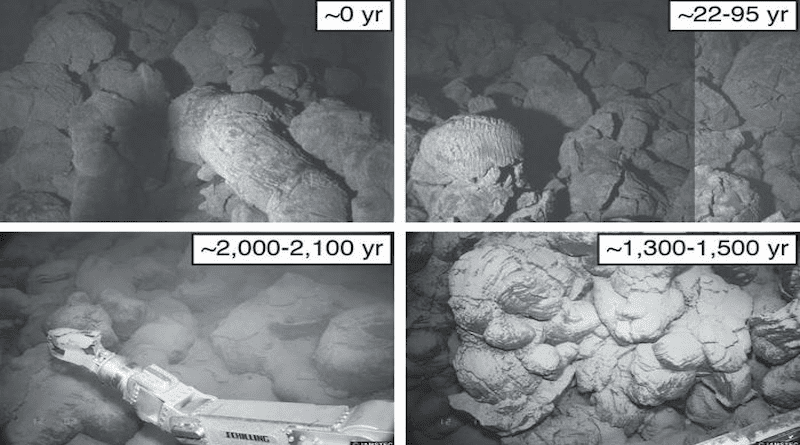 Undersea images of lava from Kama'ehu volcano, contrasting fresh-looking young lavas (top) versus older sediment-covered lavas (bottom). CREDIT: The two images on the bottom are courtesy of JAMSTEC.