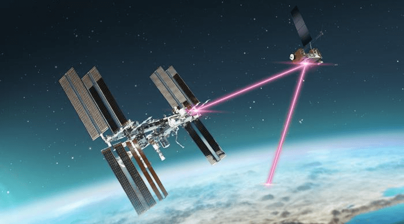 NASA's ILLUMA-T payload communicating with LCRD over laser signals. Artist's concept. Credits: NASA/Dave Ryan