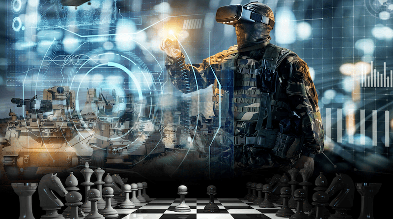 A soldier wears virtual reality glasses; a graphic depiction of a chess set sits in the foreground. Illustration created by NIWC Pacific