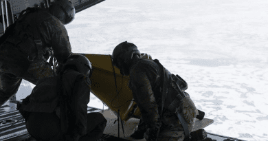 From left to right, Alaska Air National Guard Senior Master Sgt. Brian Johnson, Tech. Sgt. Chris Eggleston and Senior Master Sgt. Cecil Dickerson, loadmasters assigned to the 144th Airlift Squadron at Joint Base Elmendorf-Richardson, prepare to deploy an Air-Deployable Expendable Ice Buoy (AXIB) buoy during an airdrop mission over the Arctic Ocean, July 12, 2023. The Office of Naval Research partnered with the 144th AS to deploy five different types of data-gathering buoys across more than 1,000 nautical miles of the Arctic Ocean. CREDIT (U.S. Air Force photo by Airman 1st Class Shelimar Rivera Rosado)