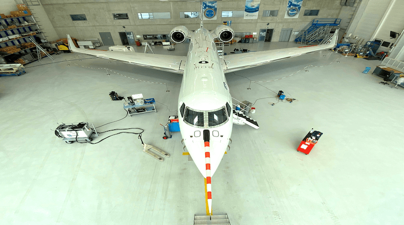 Preparing the HALO research aircraft in the hangar in Oberpfaffenhofen for the measurement campaign: Clearly visible are inlet openings for the measuring equipment on the upper side of the fuselage of the aircraft. (photo/©: Martin Riese / Forschungszentrum Jülich)