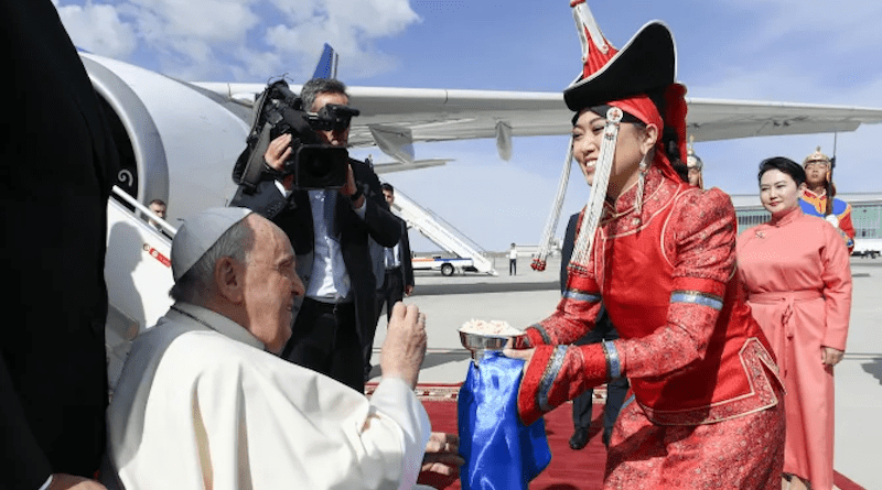 Upon his arrival at Chinggis Khaan International Airport on Sept. 1, 2023, Pope Francis was welcomed with a bowl of Aaruul, dried curds which are a traditional food of Mongolian nomadic peoples. | Credit: Vatican Media