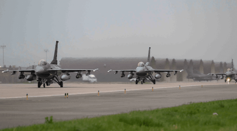 Three U.S. Air Force F-16 Fighting Falcons taxi down the runway at Osan Air Base in South Korea. Photo Credit: Air Force Senior Airman Thomas Sjoberg