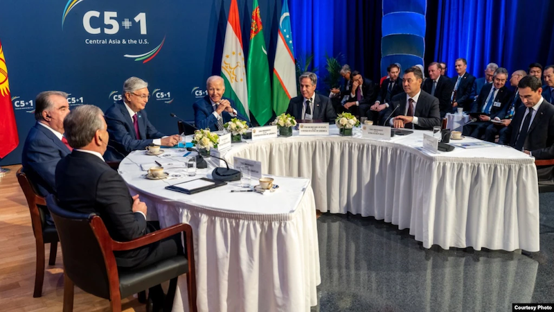 On the sidelines of the U.N. General Assembly, President Joe Biden meets with the leaders of Kazakhstan, Kyrgyzstan, Tajikistan, Turkmenistan and Uzbekistan, Sept 19, 2023. (Kazakh President's Office)