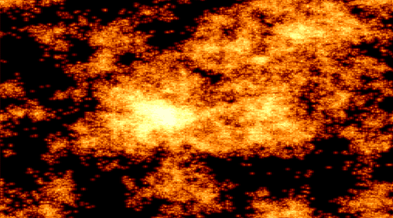 Map of the spatial relaxation in a two-dimensional liquid model. Brighter regions indicate locations where particles moved significantly during some time interval, in dark regions little motion occurred. This image reveals the fractal nature of the relaxation process, shaped both by thermal fluctuations and elastic interactions. Credit: Tahaei et al 2023.