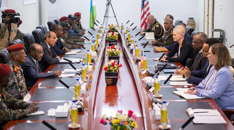 Secretary of Defense Lloyd J. Austin III participates in a bilateral exchange with Djiboutian Defense Minister Hassan Omar Mohamed Bourhan at the Djiboutian air force base in Djibouti, Sept. 24, 2023. Photo Credit: Navy Petty Officer 1st Class Alexander Kubitza