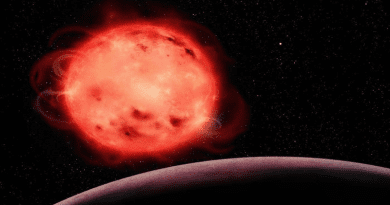 This artistic representation of the TRAPPIST-1 red dwarf star showcases its very active nature. The star appears to have many stellar spots (colder regions of its surface, similar to sunspots) and flares. The exoplanet TRAPPIST-1 b, the closest planet to the system’s central star, can be seen in the foreground with no apparent atmosphere. The exoplanet TRAPPIST-1 g, one of the planets in the system’s habitable zone, can be seen in the background to the right of the star. The TRAPPIST-1 system contains seven Earth-sized exoplanets. CREDIT: Benoît Gougeon, Université de Montréal
