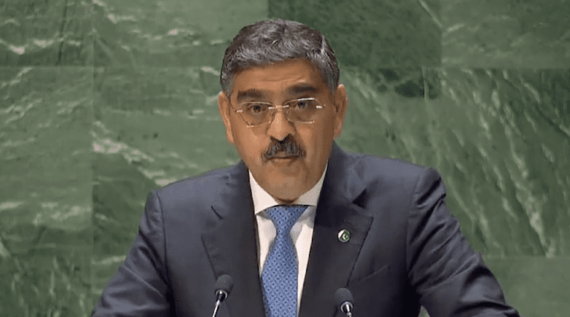Pakistan's Caretaker Prime Minister Anwaar-ul-Haq Karkar at the 78th Session of the United Nations General Assembly. Photo Credit: Pakistan PM Office video screenshot