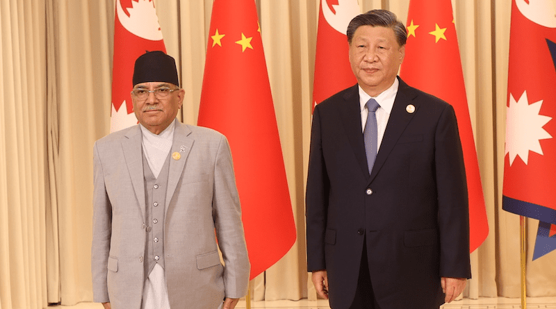 Nepal's Prime Minister Pushpa Kamal Dahal with China's President Xi Jinping. Photo Credit: Nepal PM Office