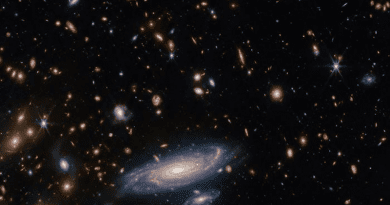 The big galaxy in the foreground is named LEDA 2046648, and is seen just over a billion years back in time, while most of the others lie even farther away, and hence are seen even further back in time. CREDIT: ESA/Webb, NASA & CSA, A. Martel.