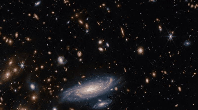 The big galaxy in the foreground is named LEDA 2046648, and is seen just over a billion years back in time, while most of the others lie even farther away, and hence are seen even further back in time. CREDIT: ESA/Webb, NASA & CSA, A. Martel.