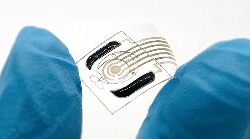 A wireless sweat sensor developed in the lab of Caltech's Wei Gao monitors levels of estradiol, an important female hormone that plays a role in health and fertility. CREDIT: Caltech