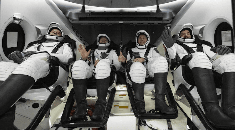 Roscosmos cosmonaut Andrey Fedyaev, left, NASA astronaut Warren "Woody" Hoburg, second from left, NASA astronaut Stephen Bowen, second from right, and UAE (United Arab Emirates) astronaut Sultan Alneyadi, right, are seen inside the SpaceX Dragon Endeavour spacecraft onboard the SpaceX recovery ship MEGAN shortly after having landed in the Atlantic Ocean off the coast of Jacksonville, Florida, Monday, Sept. 4, 2023. Bowen, Hoburg, Alneyadi, and Fedyaev are returning after nearly six-months in space as part of Expedition 69 aboard the International Space Station. Credits: NASA/Joel Kowsky