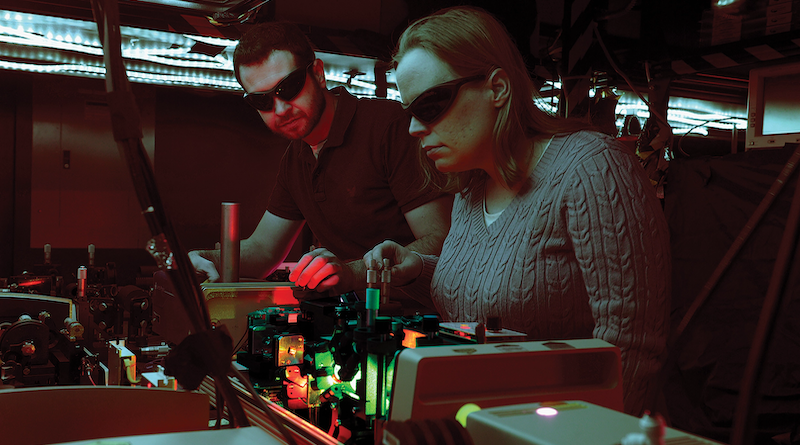 Researchers at Air Force Research Laboratory Information Directorate in Rome, New York, advance quantum technologies from individual quantum bit (or qubit) level to system level, January 16, 2015 (U.S. Air Force/Albert Santacroce)